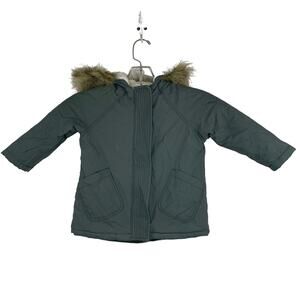 Old Navy green gray full zip jacket faux fur trim kid's 2T unisex